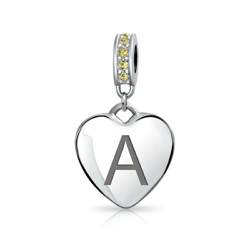 ladies bracelet polished-Initial Alphabet Bead Charm Yellow Crystal Heart Dangle Sterling Silver Bracelet