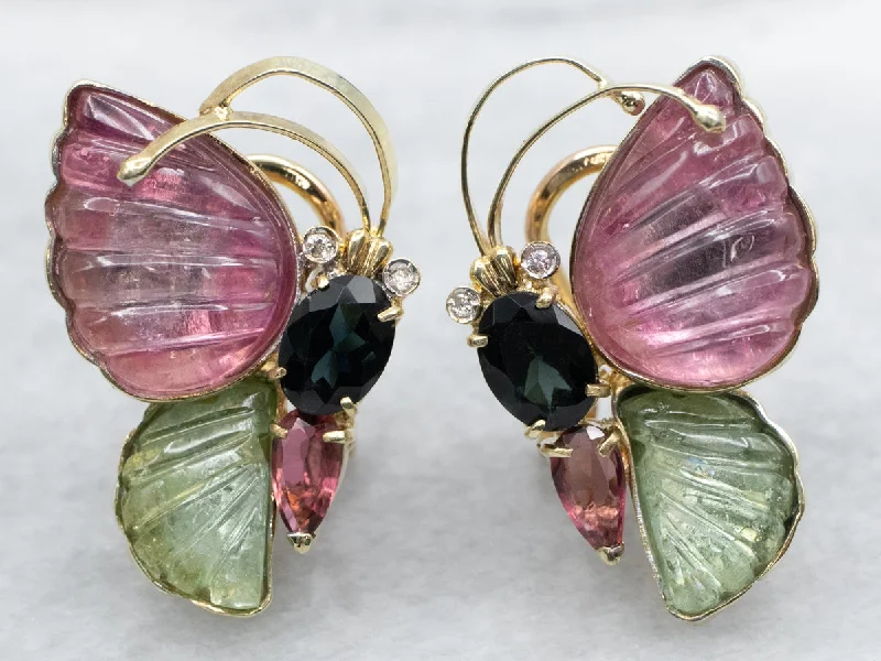 Ladies earrings seasonal discount offers-Multi Colored Tourmaline and Diamond Butterfly Earrings