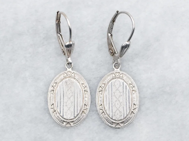 Ladies earrings cross motif accents-White Gold Etched Drop Earrings