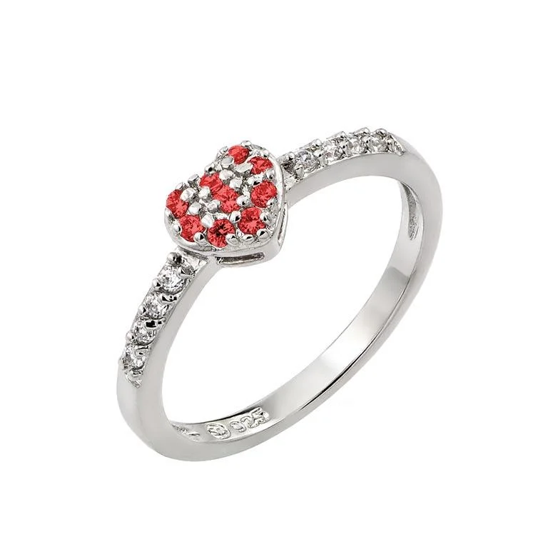 Ladies rings flat band rings-Rhodium Plated 925 Sterling Silver Clear Inlay CZ July Birthstone Heart Ring  - BGR00784JUL