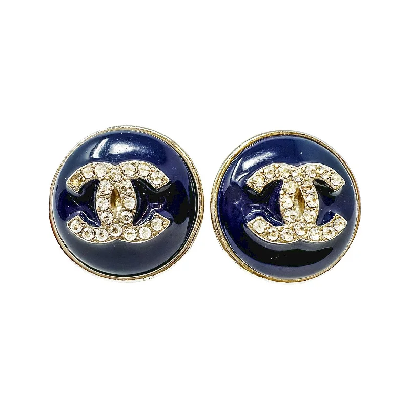 Ladies earrings smooth surface earrings-Chanel Round Enamel Stud Earrings with Interlocking CC with Crystal