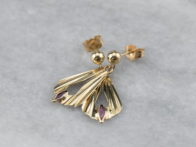 Ladies earrings Independence Day designs-Ruby Gold Fan Drop Earrings