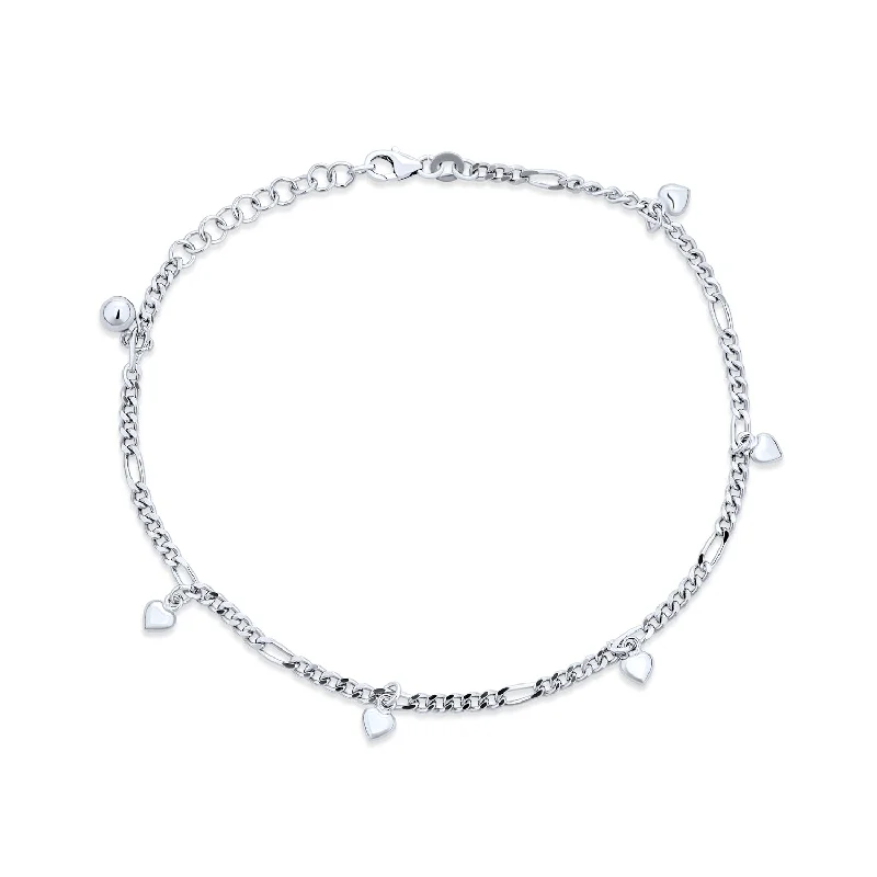 ladies bracelet bold platinum-Multi Heart Charms Anklet Ankle Bracelet Sterling Silver Figaro Chain