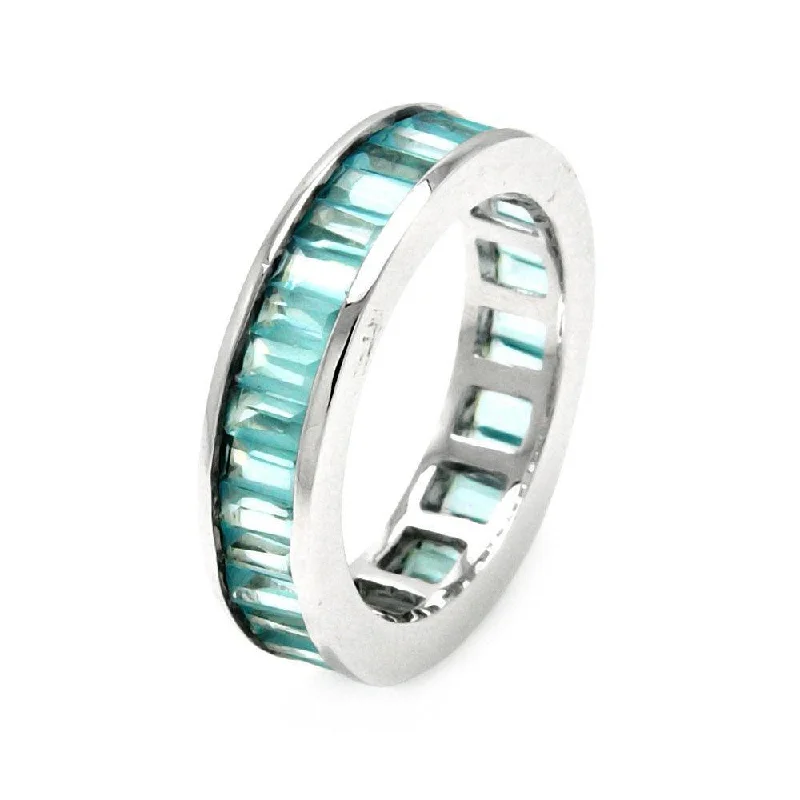 Ladies rings party wear glamour-Silver 925 Rhodium Plated Channel Set Aqua Blue Baguette CZ Stackable Eternity Ring - STR00124BLU