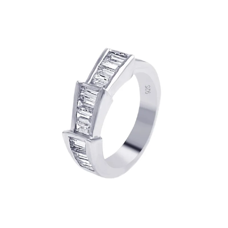 Ladies rings adjustable size options-Silver 925 Rhodium Plated Clear Baguette CZ Ring - AAR0025