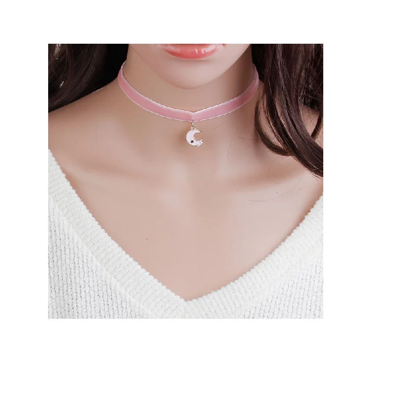 ladies necklace diamond-Sexy Sparkles Velvet Choker Necklace Pink Half Moon Pentagram Star for Women Girls Gothic Choker Bolo Tie