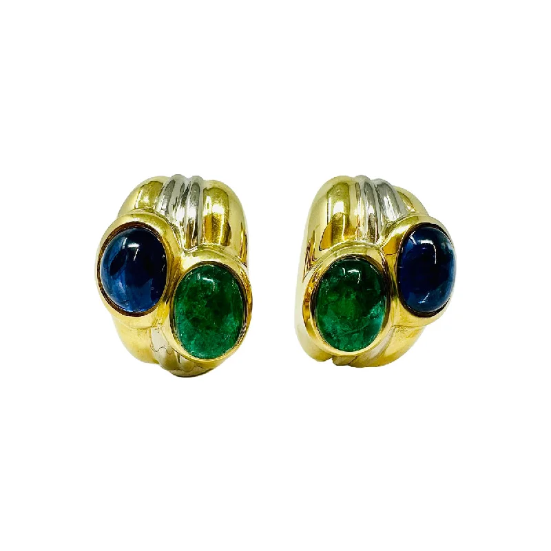 Ladies earrings lightweight comfort designs-Giovane 18K Yellow and White Gold Ribbed Earrings with Emerald and Sapphire