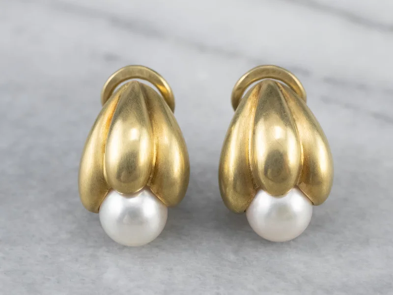 Ladies earrings minimalist daily wear-Botanical Brushed Gold Pearl Drop Earrings