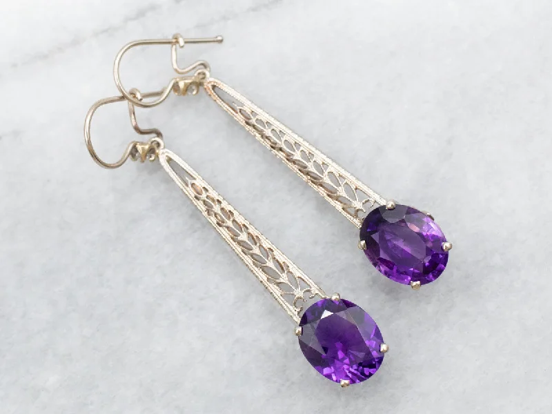 Ladies earrings sun motif designs-Long Amethyst and Diamond Drop Earrings