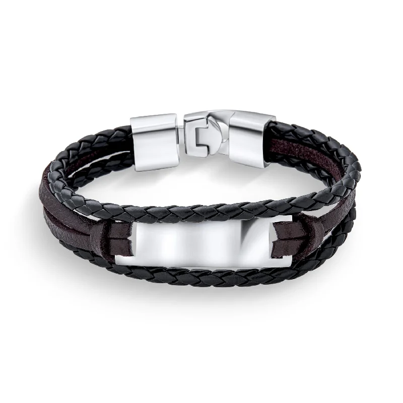 ladies bracelet luxury brands-Unisex Black Rope Cord Brown Leather ID Bracelet for Men Silver Tone Stainless Steel