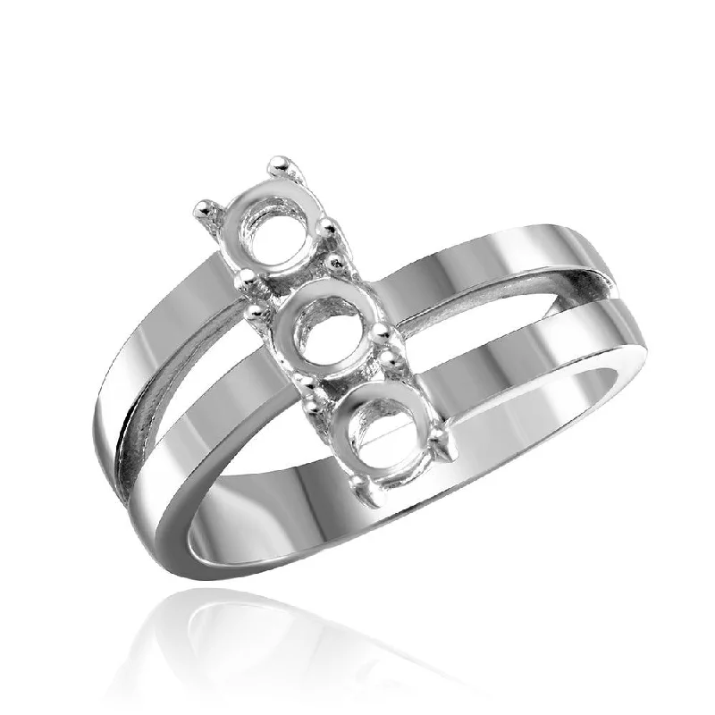 Ladies rings engagement gift ideas-Silver 925 Rhodium Plated Open Shank 3 Stone Mounting Ring - BGR00475