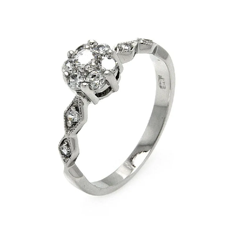 Ladies rings art deco designs-Silver 925 Rhodium Plated Diamond Shaped Sides Clear CZ Flower Ring - BGR00511