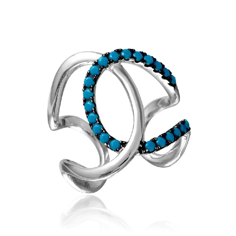 Ladies rings classic revival designs-Rhodium Plated 925 Sterling Silver Open Ended Interlock Ring with Turquoise Stones - BGR01099