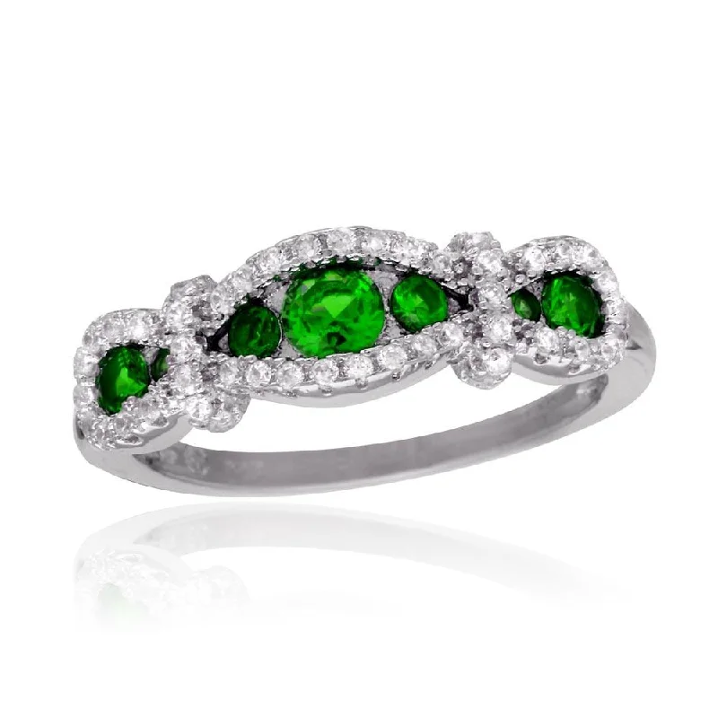 Ladies rings princess cut styles-Rhodium Plated 925 Sterling Silver Knotted Green CZ Ring - BGR01112GRN