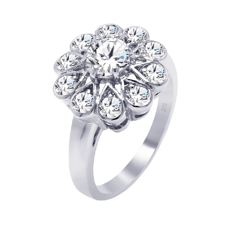 Ladies rings thumb statement pieces-Silver 925 Rhodium Plated Round Center CZ Flower Ring - BGR00265