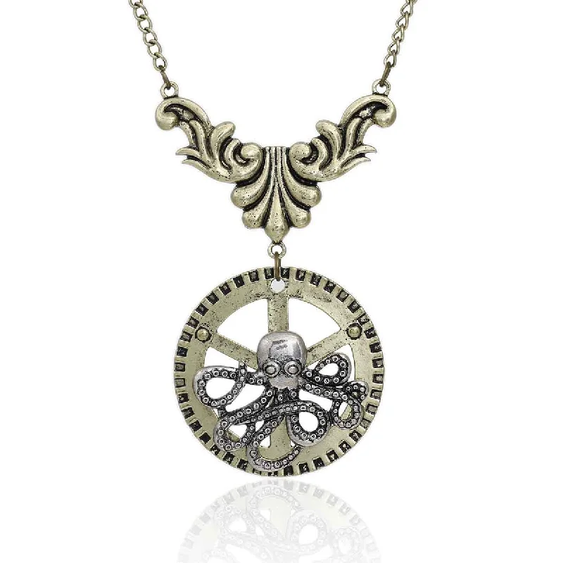 ladies necklace chain-SEXY SPARKLES Steampunk Necklace Link Curb Chain Antique Bronze Gear Octopus