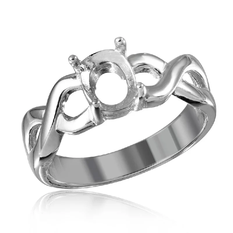 Ladies rings commitment band styles-Silver 925 Rhodium Plated Open Overlap Shank Oval Stone Mounting Ring - BGR01195