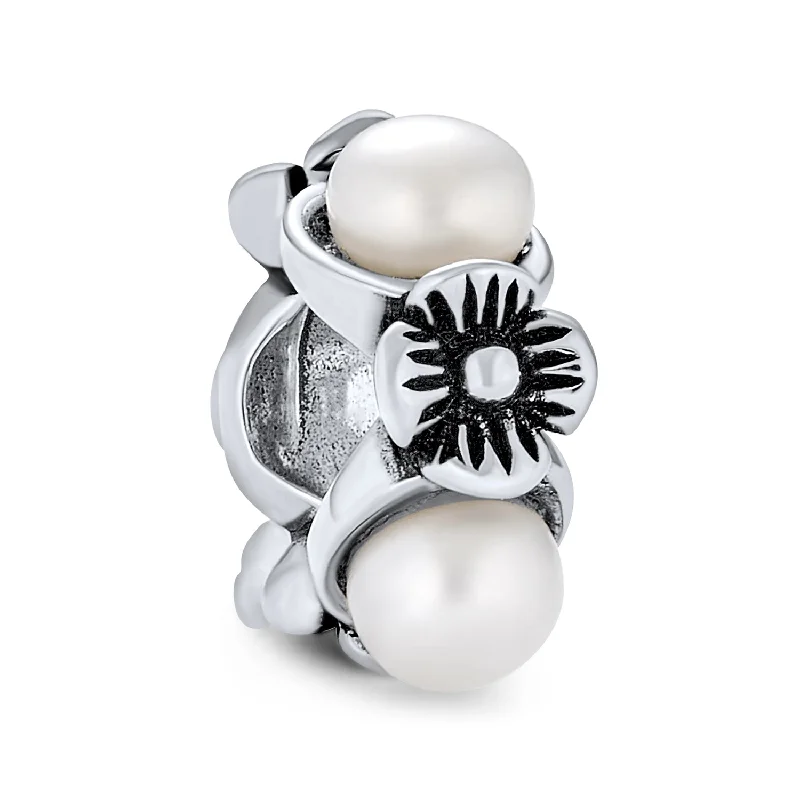 ladies bracelet name-White Simulated Pearl Flower Charm Bead Sterling Silver for European Bracelet