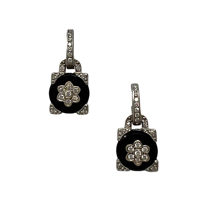 Ladies earrings worldwide fashion appeal-18K White Gold Onyx and Diamond Drop Earrings