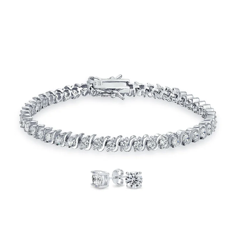 ladies bracelet multi-stone-Traditional Bridal Jewelry Set 15CTW CZ Tennis Bracelet & Earrings Silver Rhodium