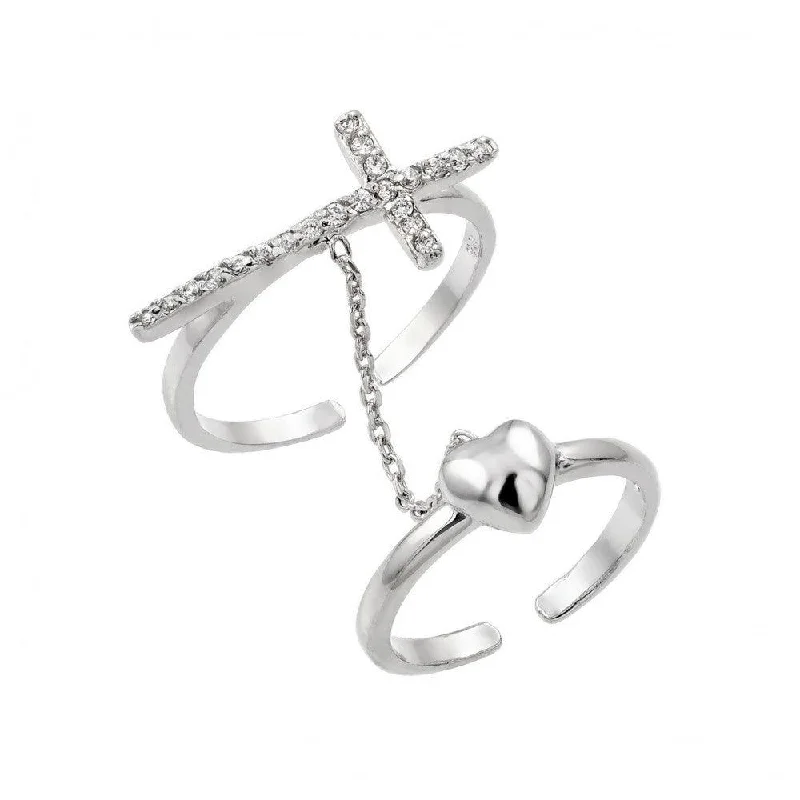 Ladies rings industrial style rings-Silver 925 Rhodium Plated Clear CZ Cross Heart Knuckle Slave Ring - BGR00885