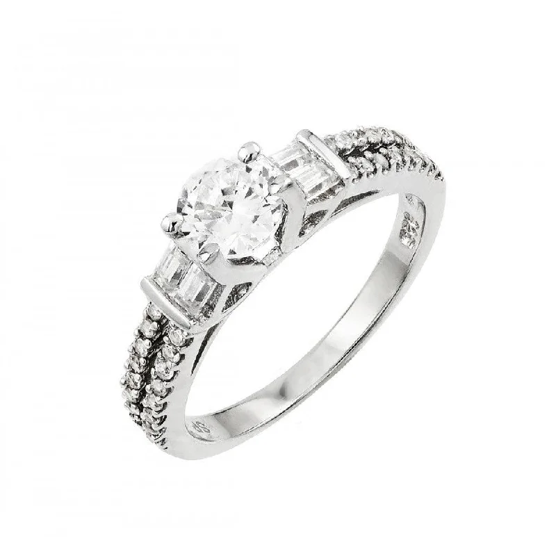 Ladies rings jewelry care tips-Silver 925 Rhodium Plated Clear Round and Baguette CZ Ring - STR00998