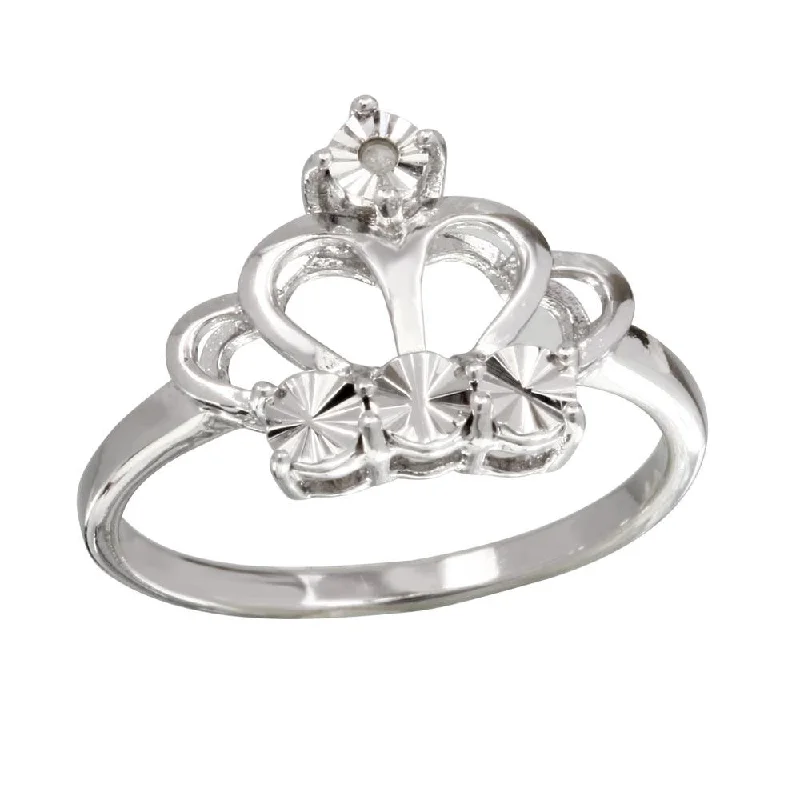 Ladies rings punk style vibes-Rhodium Plated 925 Sterling Silver Diamond Cut Crown Ring - STR01083