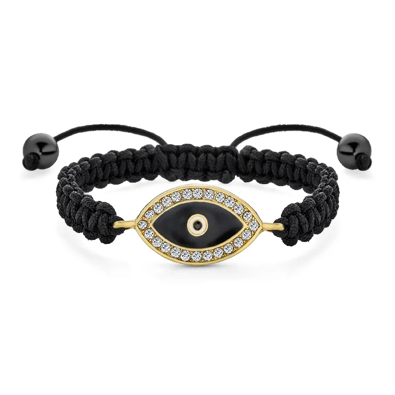 ladies bracelet vintage platinum-Black Braided Cord Strand Bracelet with Evil Eye Crystal Accent Gold Plated Charm