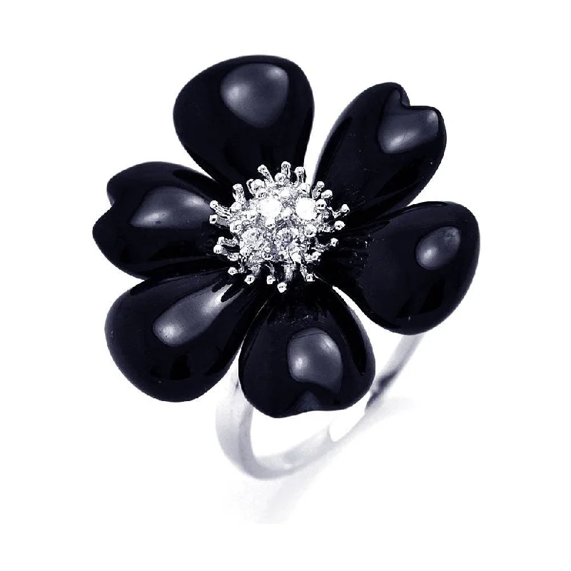 Ladies rings casual everyday wear-Silver 925 Rhodium Plated Black Onyx Clear CZ Flower Ring - BGR00257