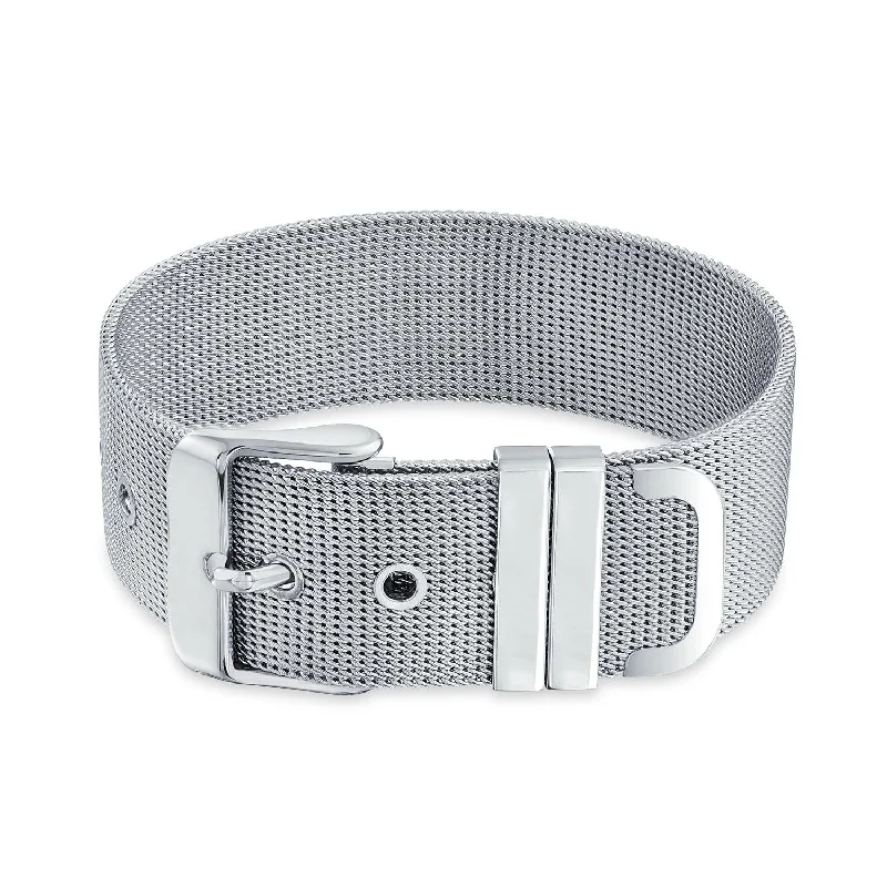 ladies bracelet infinity gold-Unisex Wide Band Mesh Cuff Bracelet with Belt Buckle for Men Stainless Steel