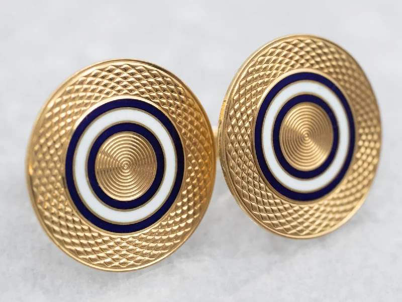 Ladies earrings classic vintage looks-Yellow Gold Black and White Enamel Circle Stud Earrings