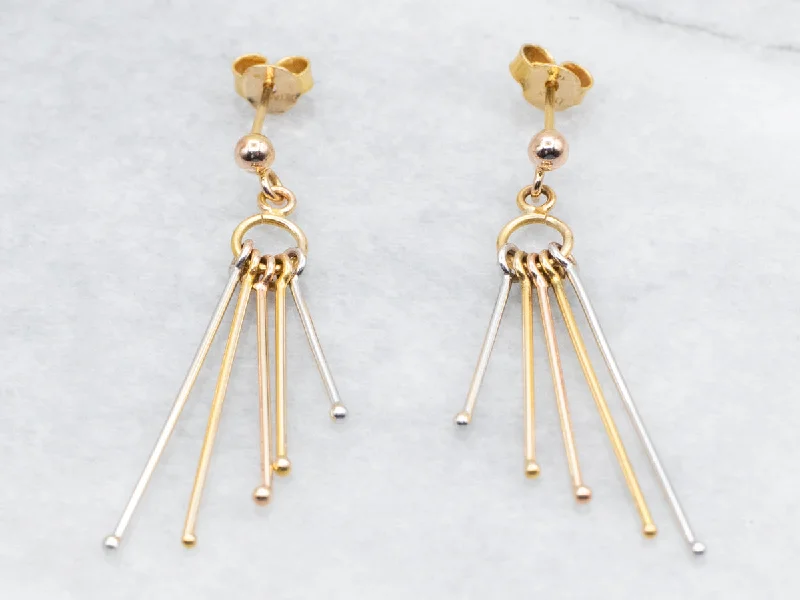 Ladies earrings satin finish styles-Tri Color Yellow, White, and Rose Gold Bar Tassel Drop Earrings