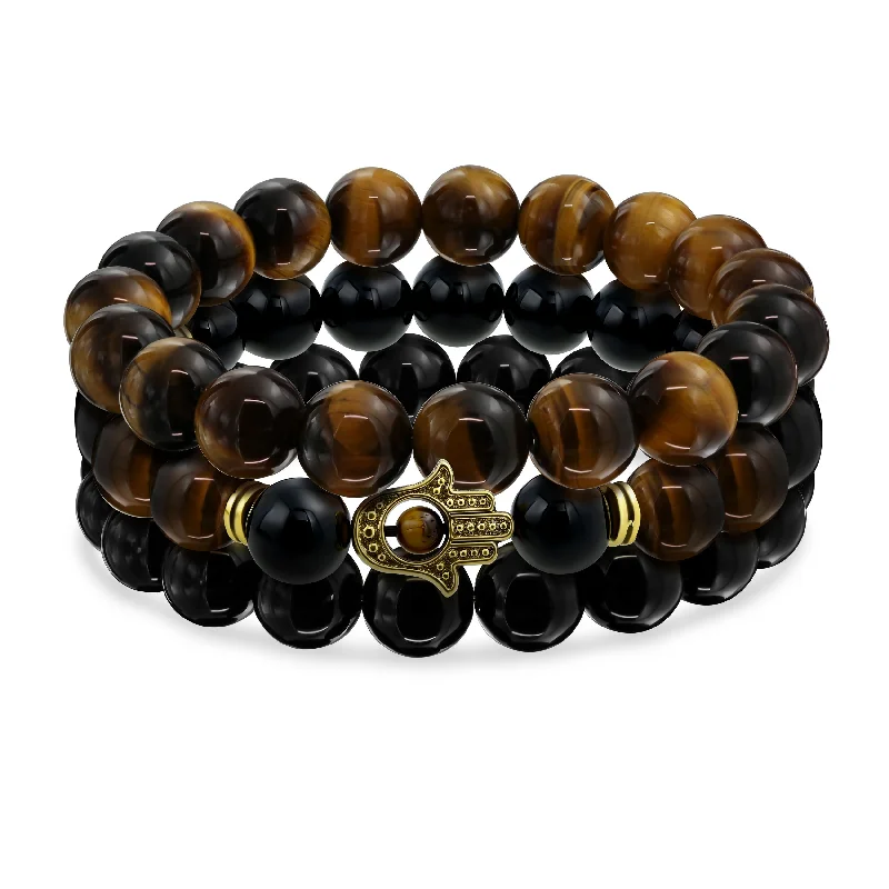 ladies bracelet geometric-Set of 3 Tiger Eye & Onyx Bead Stretch Bracelet with Hamsa Hand - Gold Plated