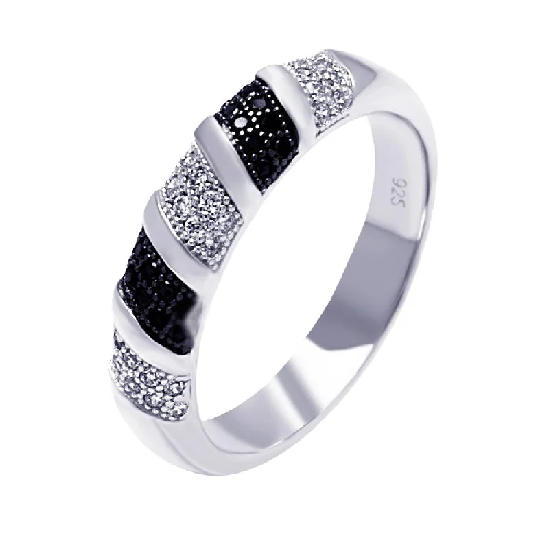 Ladies rings symmetrical balance styles-Silver 925 Rhodium and Black Rhodium Plated Black and Clear Micro Pave CZ Stripe Ring - ACR00055