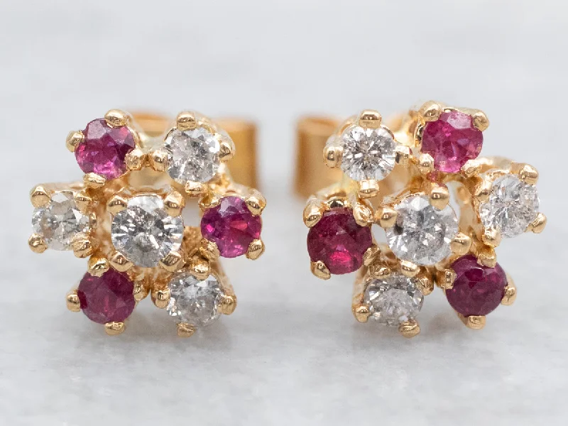 Ladies earrings vintage modern designs-Diamond and Ruby Cluster Stud Earrings