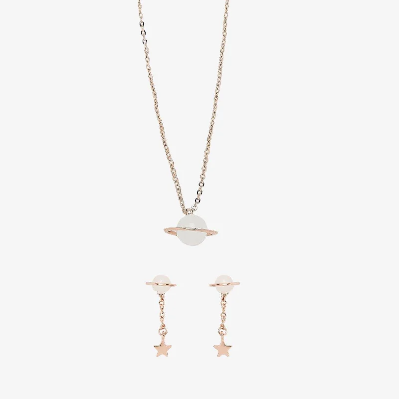 ladies necklace dainty rose gold-Saturn Necklace & Earring Set