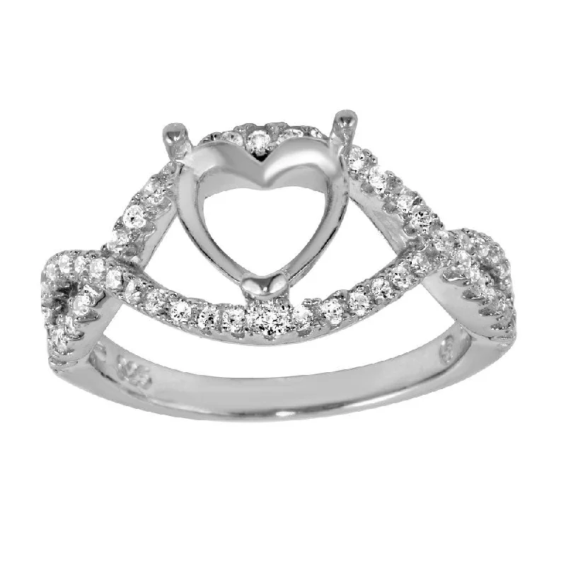 Ladies rings hypoallergenic materials-Rhodium Plated 925 Sterling Silver Twisted Center Mounting for Heart Stone Ring with CZ - BGR01060