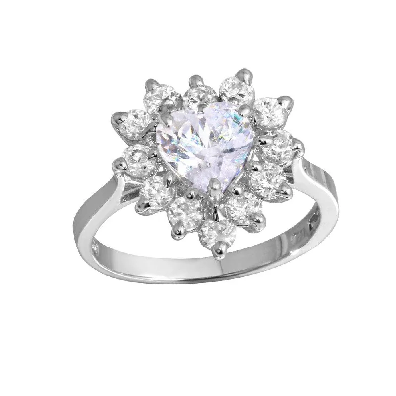 Ladies rings mixed cut rings-Rhodium Plated 925 Sterling Silver CZ Heart Flower Ring - GSR00003