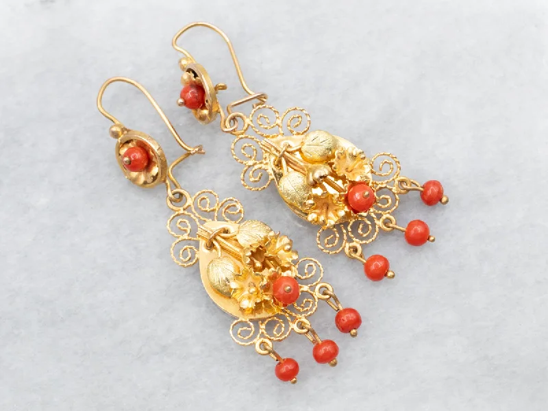 Ladies earrings pink diamond styles-Yellow and Green Gold Red Coral Botanical Drop Earrings