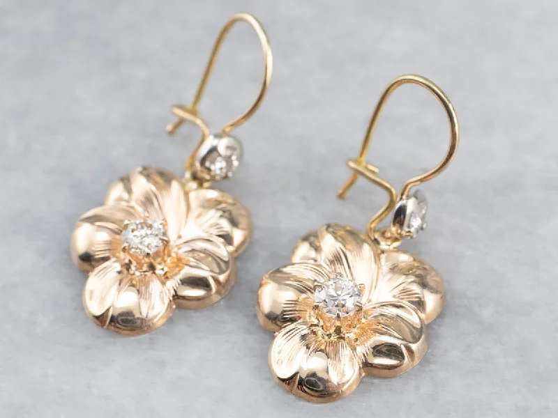 Ladies earrings art deco earrings-Diamond Floral Gold Drop Earrings