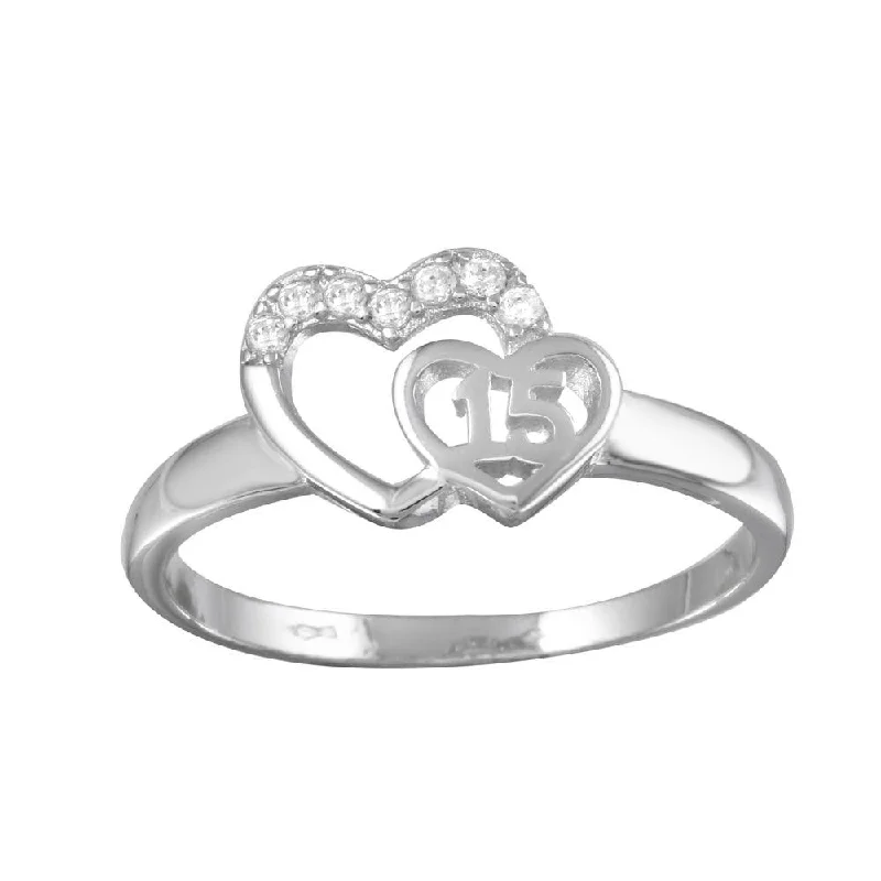 Ladies rings celebrity style trends-Rhodium Plated 925 Sterling Silver Heart 15 Ring with CZ - TMR00001