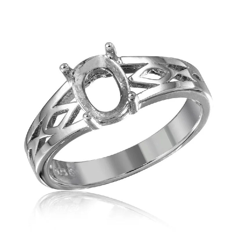 Ladies rings architectural style rings-Silver 925 Rhodium Plated Cut Out Designed Shank Single Stone Mounting Ring - BGR01194