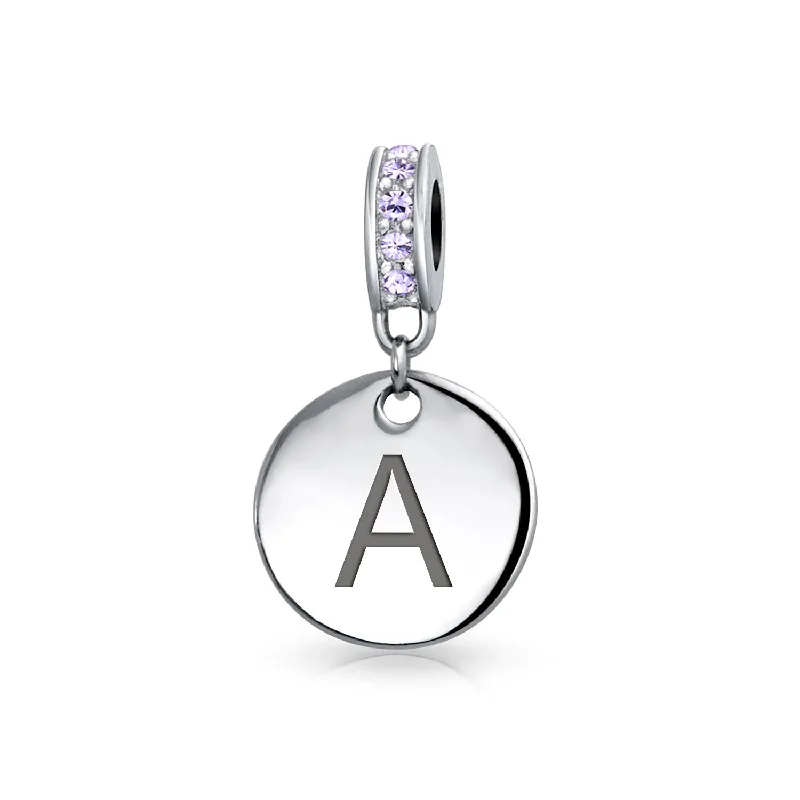 ladies bracelet vintage silver-Initial Alphabet Bead Charm Light Purple Crystal Accent Dangle for European Bracelet