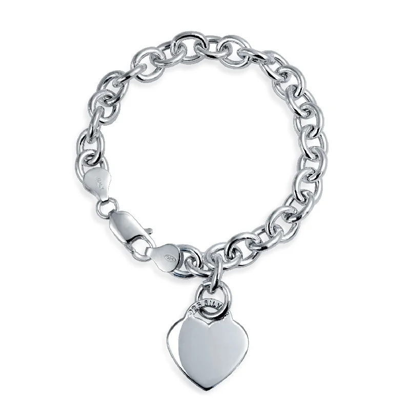 ladies bracelet vintage silver-Substantial Solid Link Heart ID Bracelet Charm Sterling Silver Made in Italy