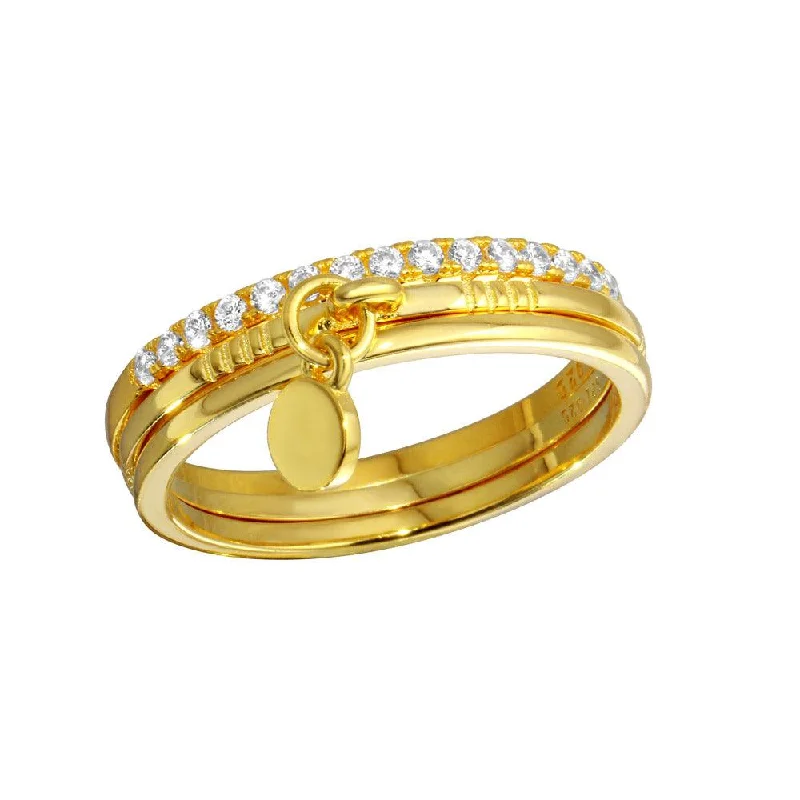 Ladies rings geometric shape styles-Gold Plated 925 Sterling Silver Tri CZ Stackable With Hanging Disc Ring - STR01106GP