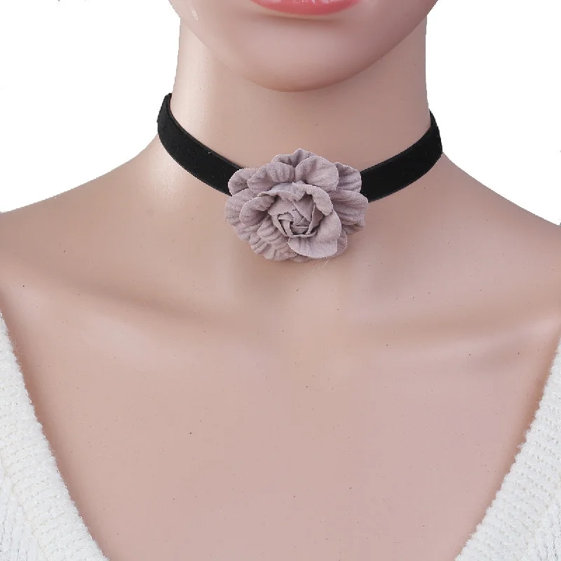 ladies necklace premium gold-Sexy Sparkles New Style Black Choker Necklace with Mauve Flower