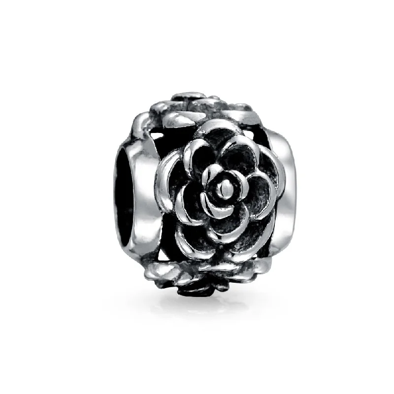 ladies bracelet sustainable gold-Flower Garden Black Rose Charm Bead in Oxidized Sterling Silver for Bracelets