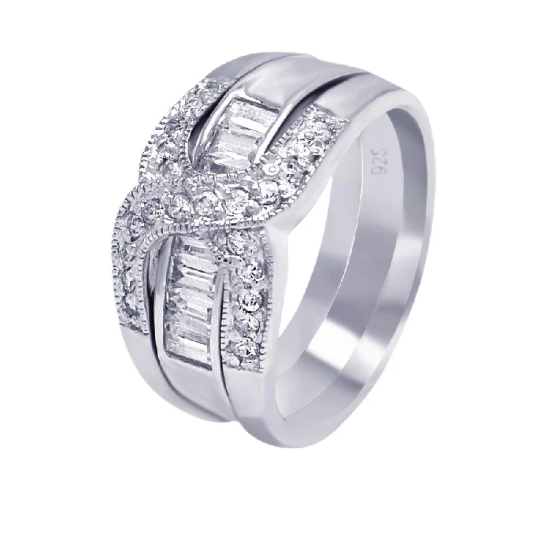 Ladies rings prong set styles-Silver 925 Rhodium Plated Clear Baguette CZ Overlap Ring - AAR0006