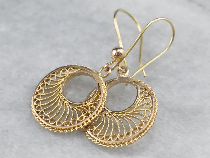 Ladies earrings comfort fit styles-Vintage Gold Filigree Drop Earrings