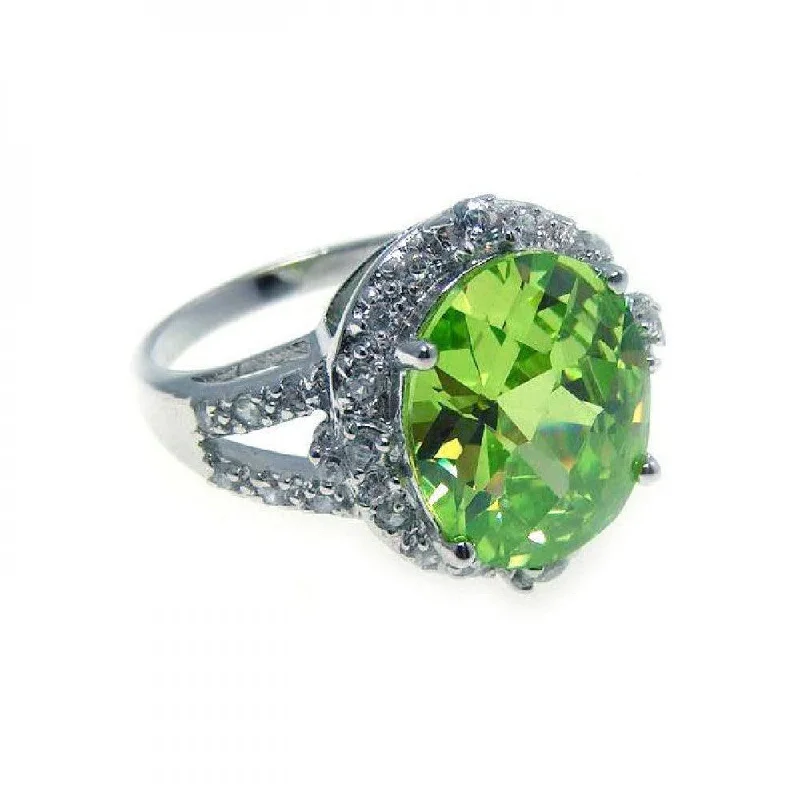 Ladies rings Thai intricate rings-Silver 925 Rhodium Plated Round Green Center Clear Cluster CZ Ring - STR00484